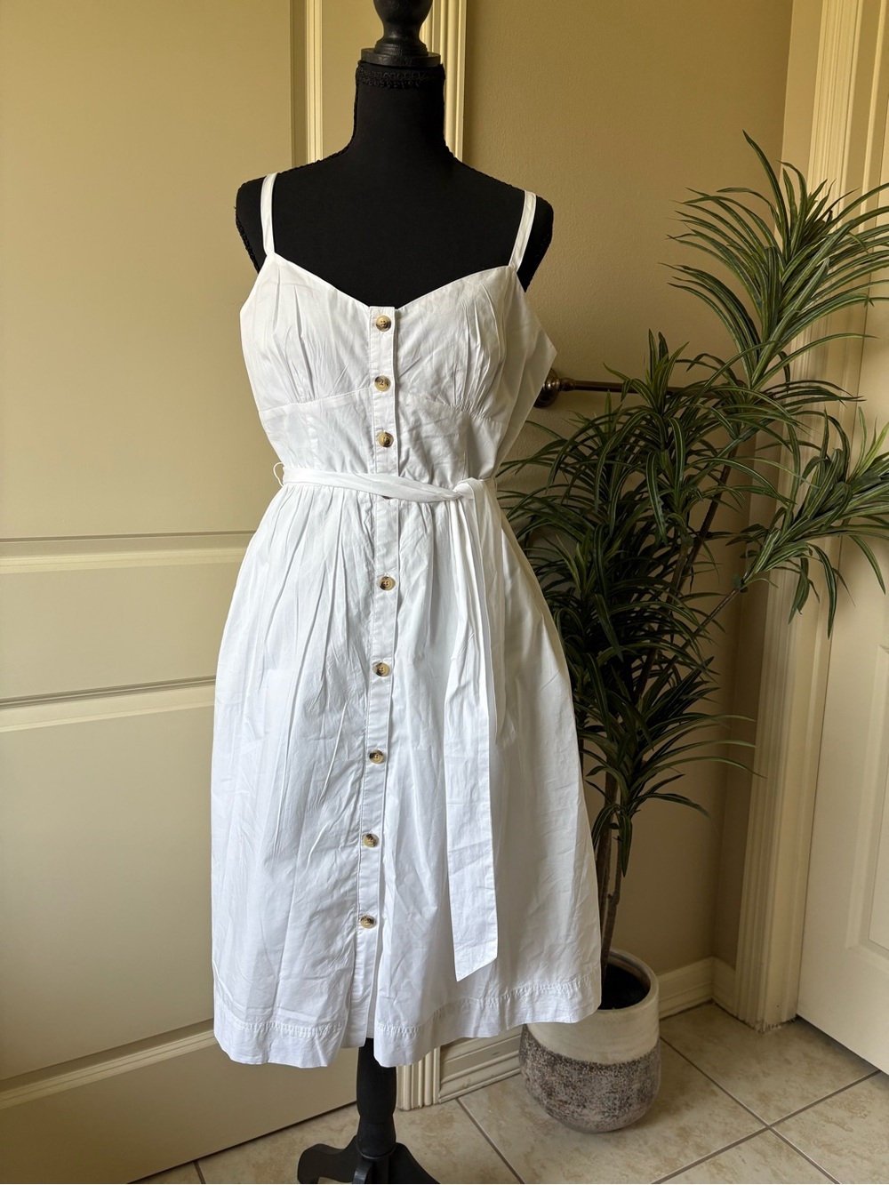 J. Crew White Button-Front Midi Dress with Tie Waist 100% Cotton